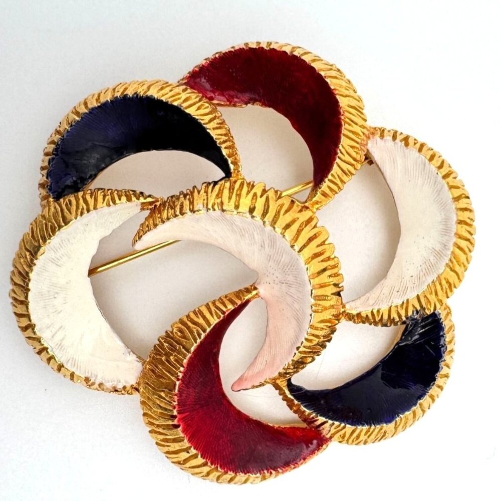 Gold-Tone Red White & Blue Brooch Pin  Enamel Crescent Design Vintage